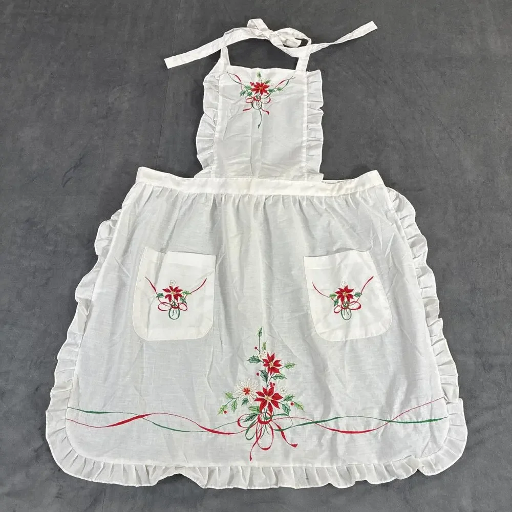 Vintage Lot of 2 Christmas Aprons, 1 Half, 1 Full Embroidered White & Red Chrty